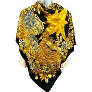 Vgt  Hermes Paris 100%  silk scarf 34" Passsiflores Black Olive  Gold Basket (57